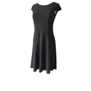Anne Klein Dress Women's Size 4 Black White Polka Dot A-Line Cap Sleeve Stretch